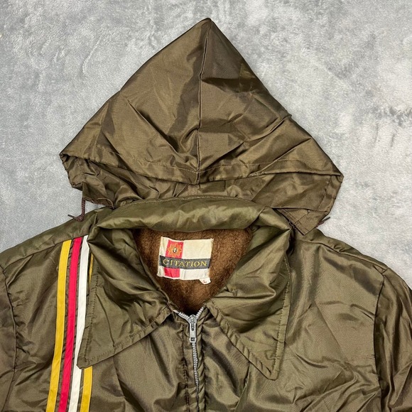 Vintage 70s 80s Olive Green Lined Bomber Jacket Hidden Hood Sportswear Men's Lrg - Picture 7 of 16